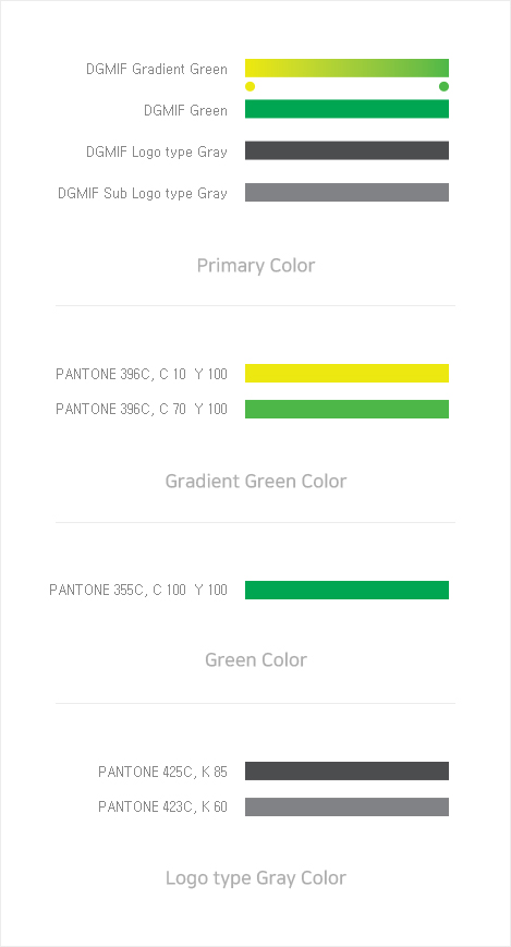 ci색상규정(Primary Color, Gradient Green Color, Green Color, Logo type Gray Color )